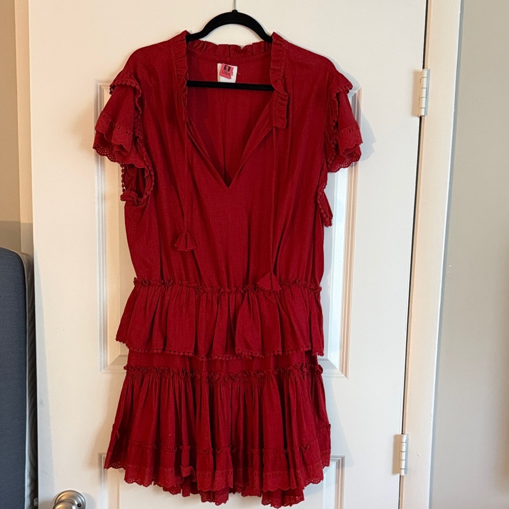 Misa Red Ruffle Tiered V-Neck Dress